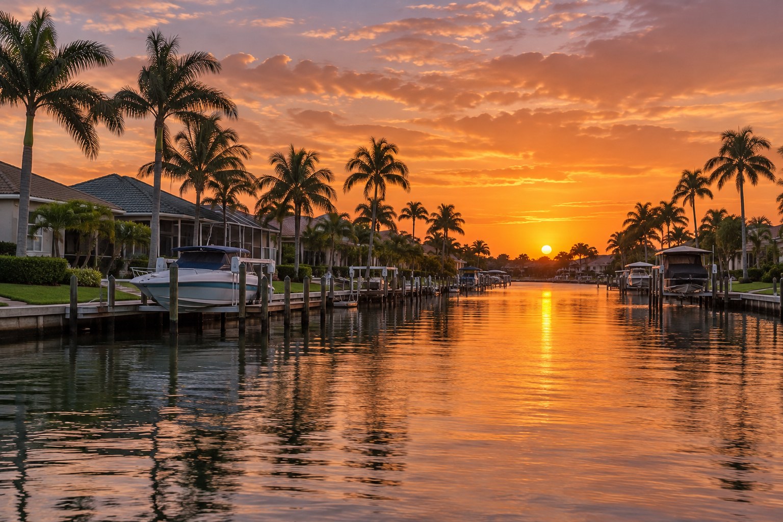 A residential street in Estero at sunset, illustrative