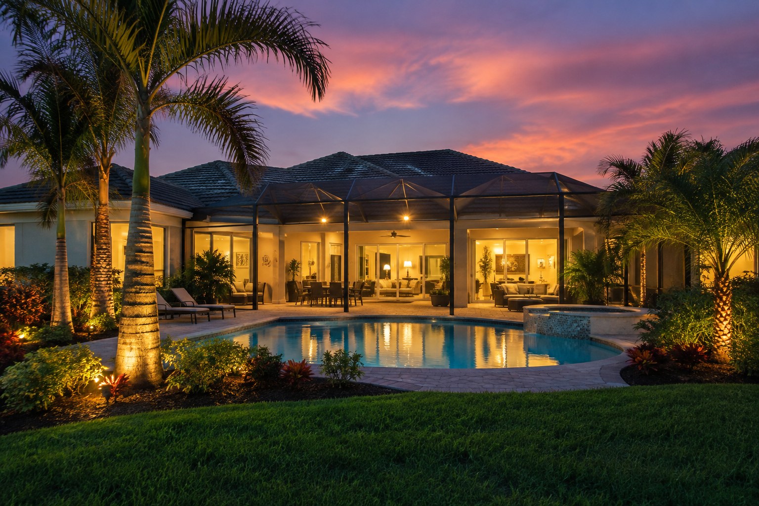 A Southwest Florida home at dusk, illustrative